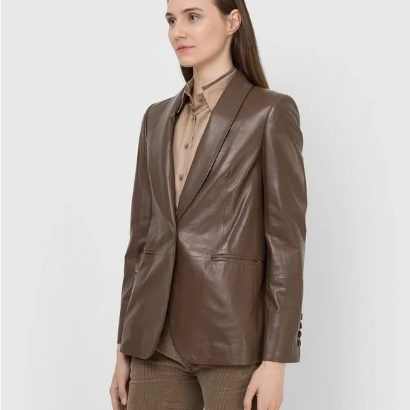 Vince Leather Shrunken Blazer Brown Size XL